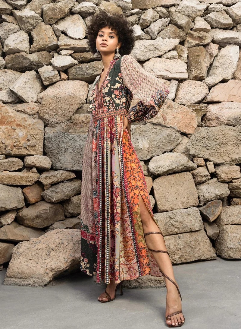 APRICOT ORANGE AND HUNTER GREEN MAXI DRESS