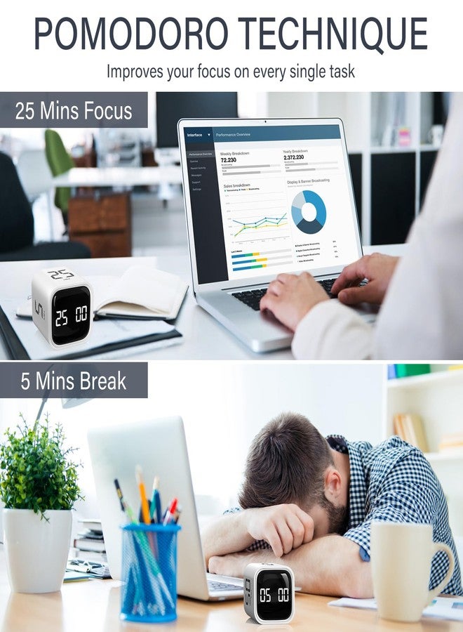 OORAII Rotating Pomodoro Timer 5, 25, 10 50 Minutes Preset, Desk Productivity Flip Timer, ADHD Tool Cube Countdown Stopwatch, Vibration/High/Low Volume/Custom Modes, for Work, Study, Back to School, White - Image 3