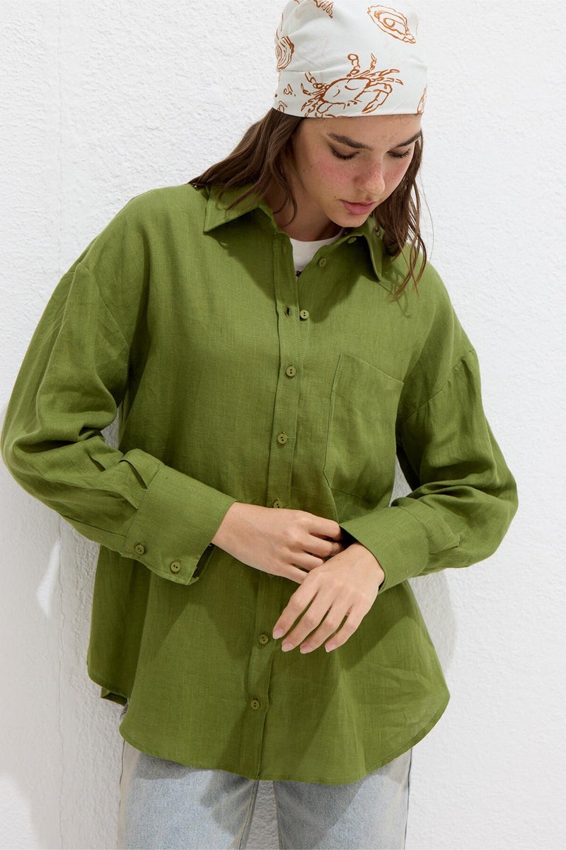 Manuka Fine Linen Oversized Shirt Grass Green  - Image 2