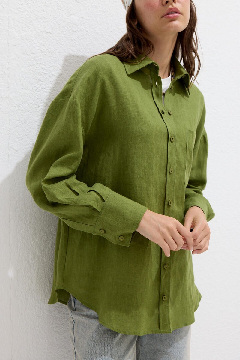 Manuka Fine Linen Oversized Shirt Grass Green  - Image 5
