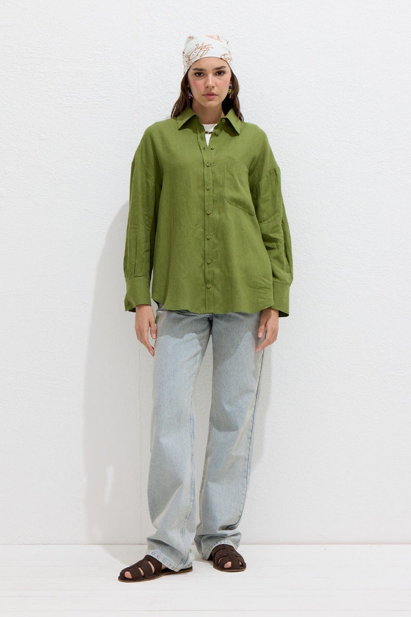 Manuka Fine Linen Oversized Shirt Grass Green  - Image 4