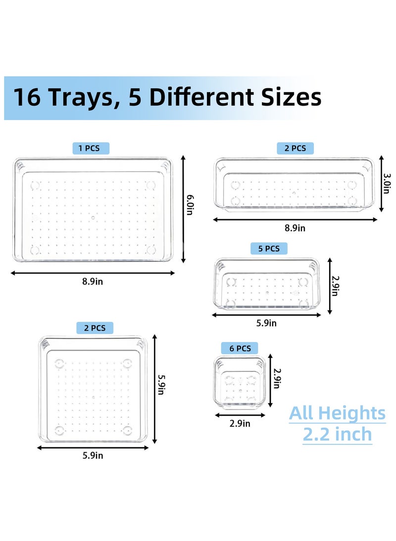 ZIMNEST 16 PCS Clear Plastic Drawer Organizers Set, 5-Size Versatile Bathroom and Vanity Drawer Organizer Trays, Storage Bins for Makeup, Bedroom, Kitchen Gadgets Utensils and Office - Image 2