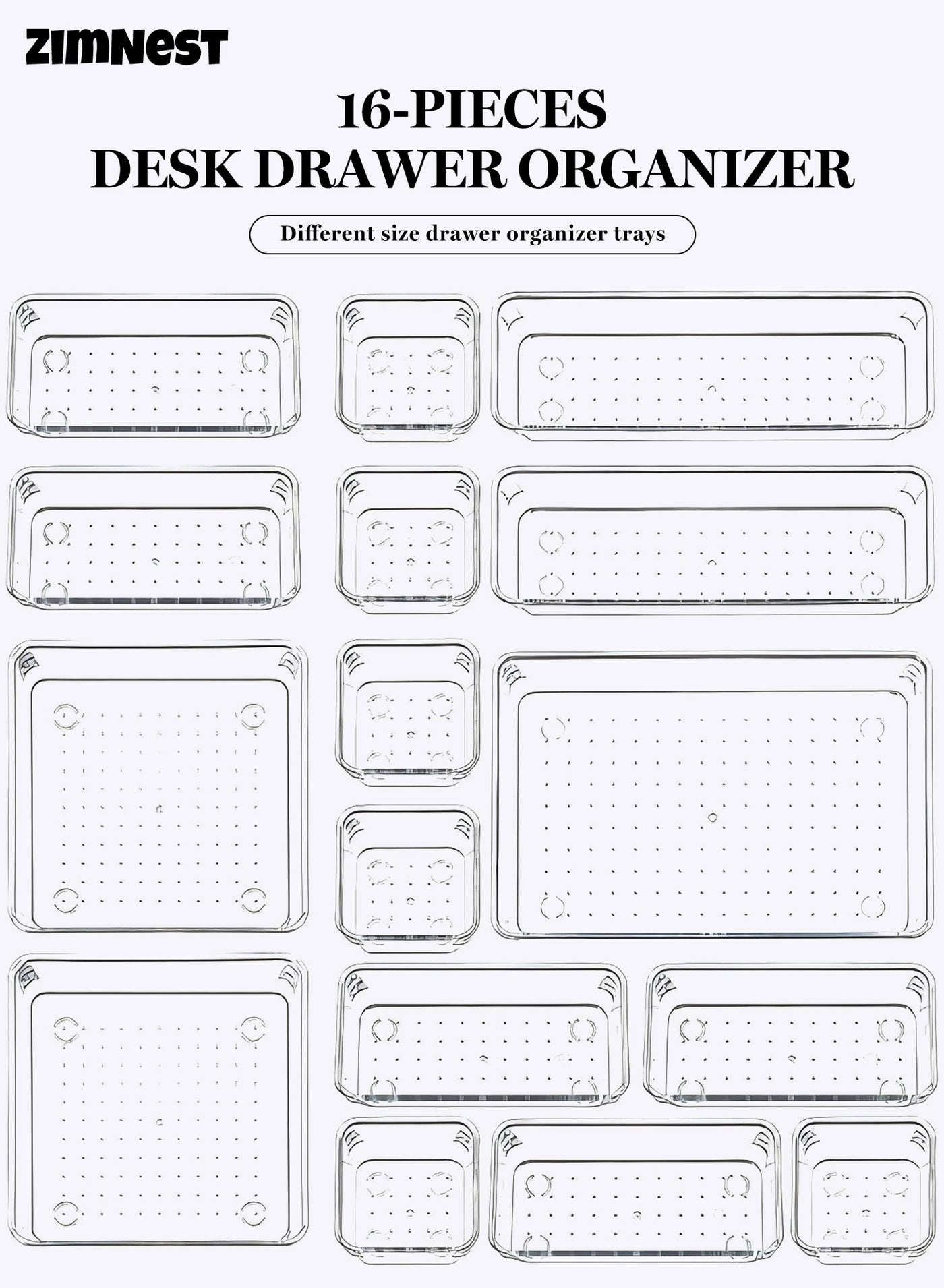 16 PCS Clear Plastic Drawer Organizers Set, 5-Size Versatile Bathroom and Vanity Drawer Organizer Trays, Storage Bins for Makeup, Bedroom, Kitchen Gadgets Utensils and Office