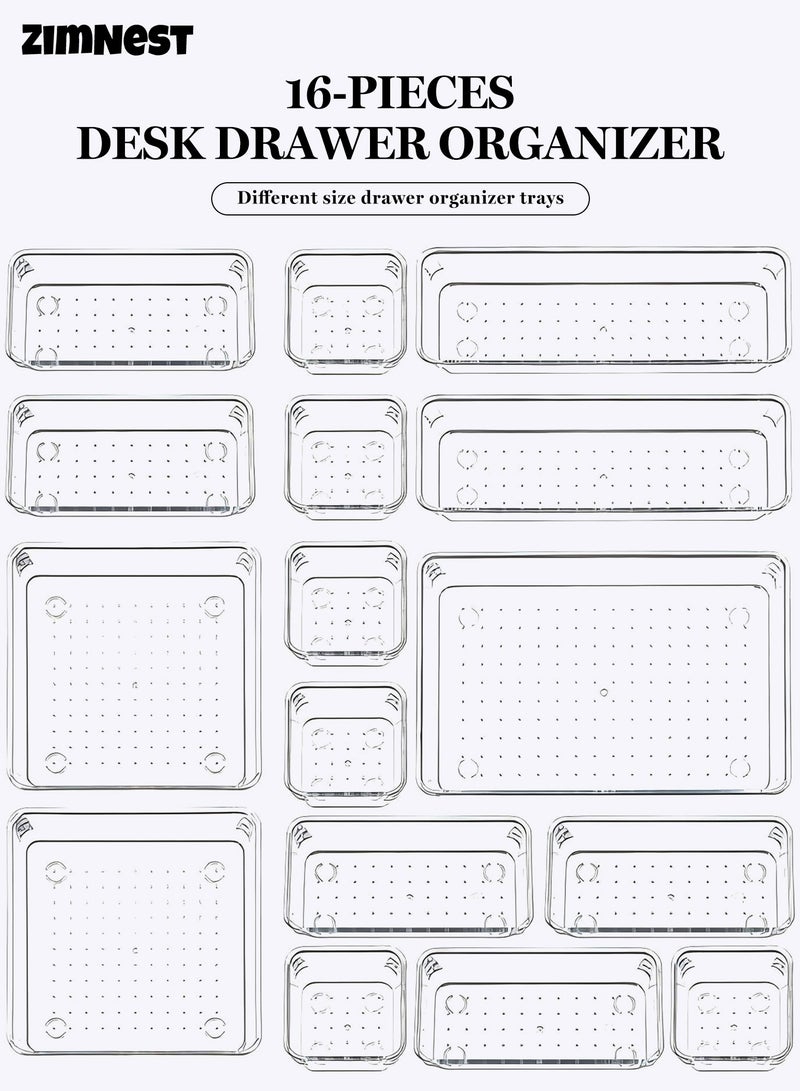 ZIMNEST 16 PCS Clear Plastic Drawer Organizers Set, 5-Size Versatile Bathroom and Vanity Drawer Organizer Trays, Storage Bins for Makeup, Bedroom, Kitchen Gadgets Utensils and Office - Image 1