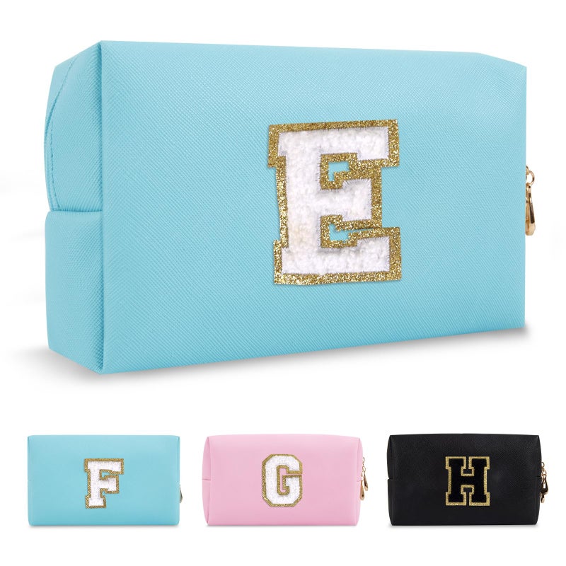 ChaoGreat Small Personalized Initial A-Z Preppy Patch Makeup Bag Pu Chenille Letter Travel Cosmetic Pouch With Zipper Blue Cute Toiletry Bag Gift Ideal For Teen Girls Women Teacher Bridesmaid Letter E - Image 1