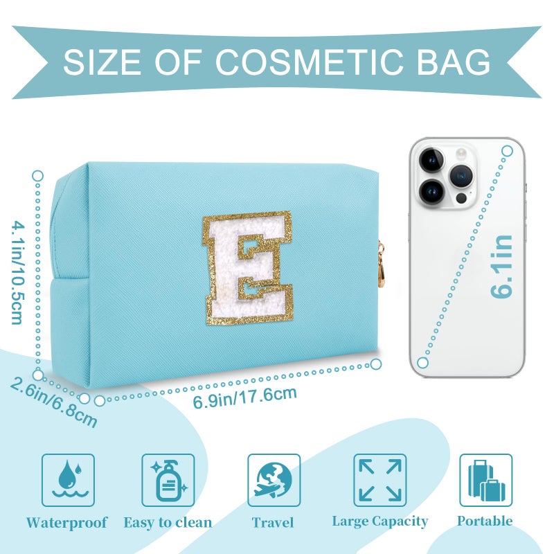 ChaoGreat Small Personalized Initial A-Z Preppy Patch Makeup Bag Pu Chenille Letter Travel Cosmetic Pouch With Zipper Blue Cute Toiletry Bag Gift Ideal For Teen Girls Women Teacher Bridesmaid Letter E - Image 2