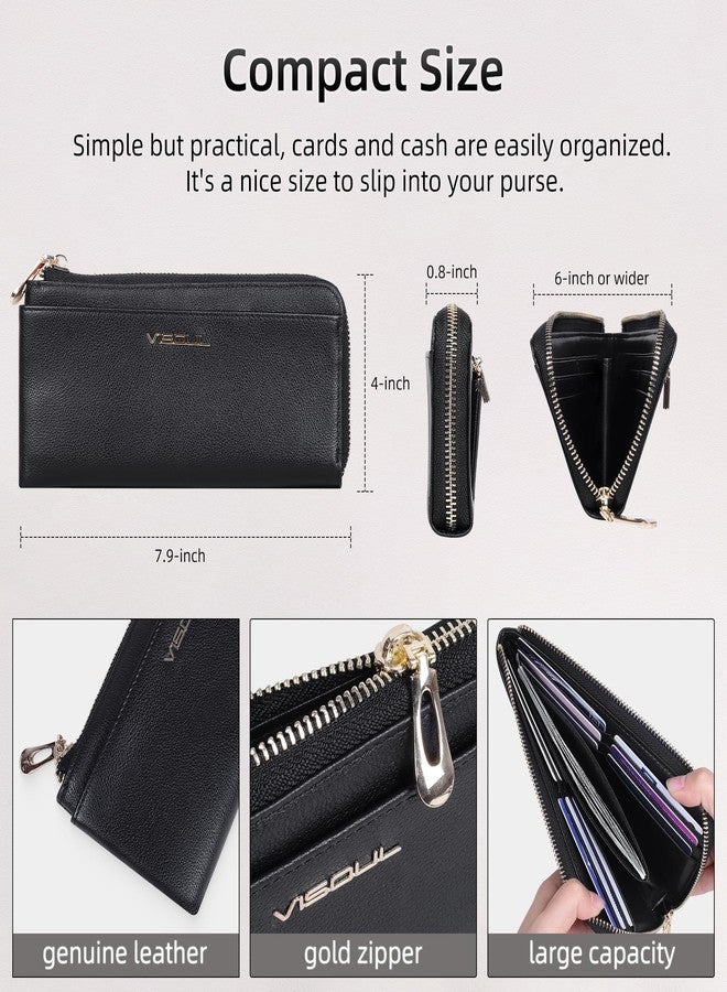 VISOUL Womens Leather Long Zip Around Clutch Wallet with Coin Pocket 12 Card Slots, Slim Thin RFID Blocking Cash Wallets for Women Large Capacity Organizer (Black and Black) - Image 2