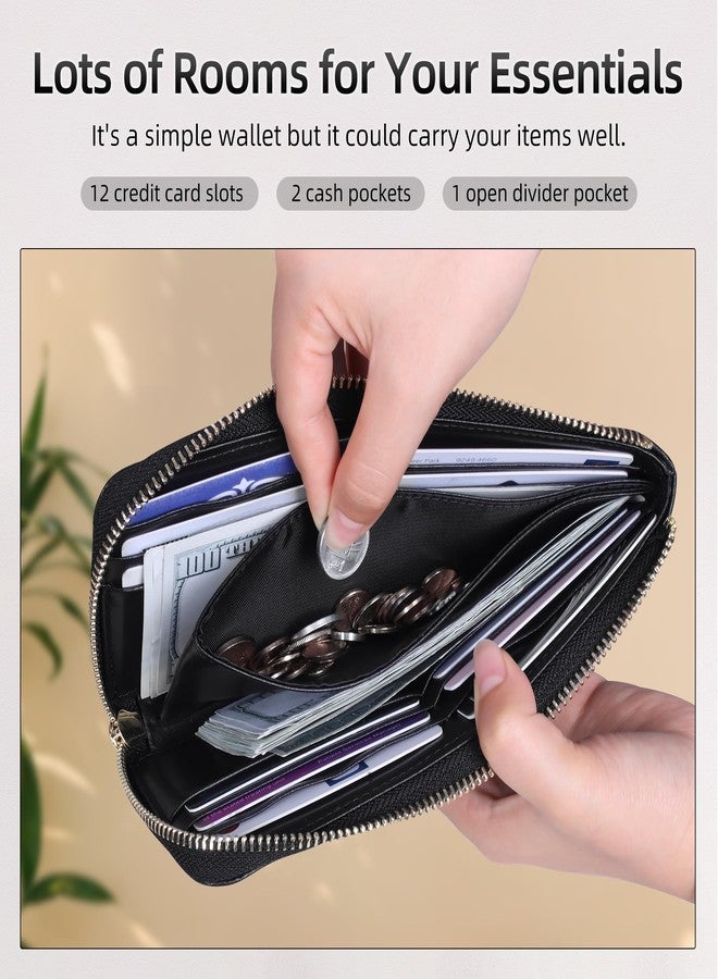 VISOUL Womens Leather Long Zip Around Clutch Wallet with Coin Pocket 12 Card Slots, Slim Thin RFID Blocking Cash Wallets for Women Large Capacity Organizer (Black and Black) - Image 3