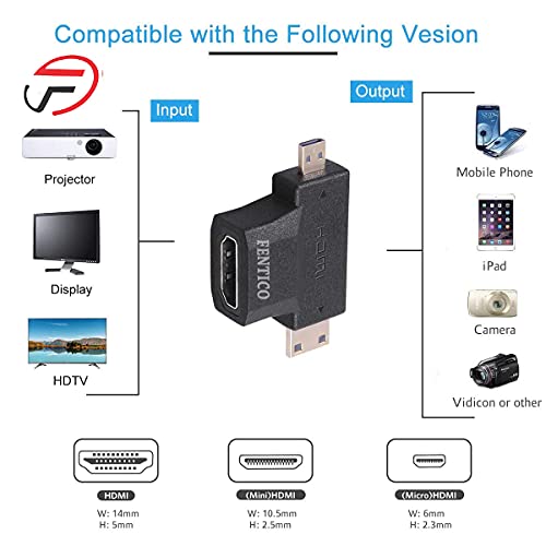 FENTICO 2 in 1 Mini HDMI and Micro HDMI Male to HDMI Female Adapter,FENTICO 1080P HDMI Gold Plated T Connector for Tablets,Camera,Video Card,Camcorder,DSLR,GoPro - Image 3