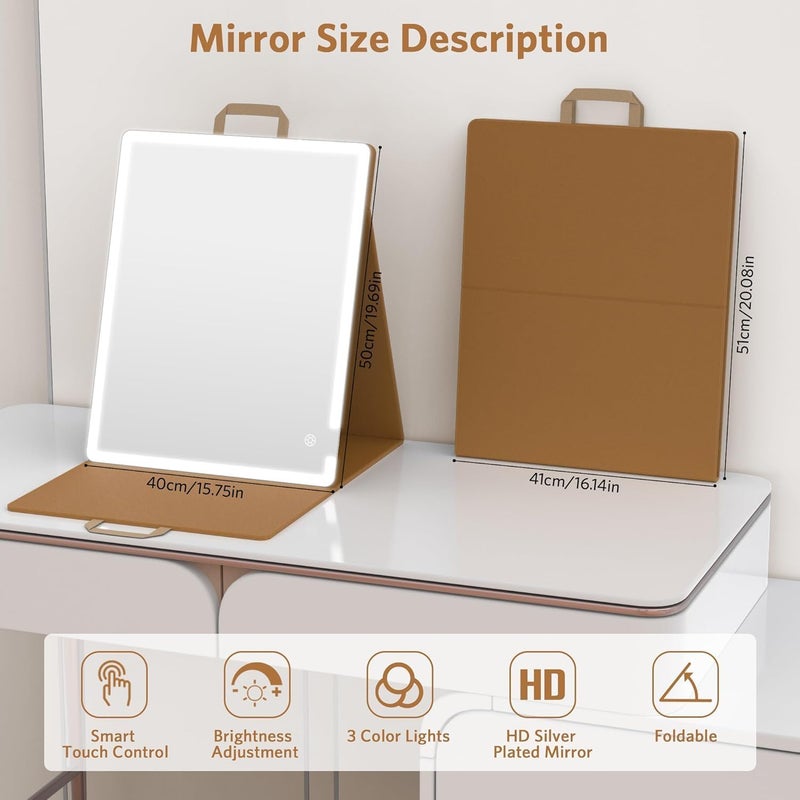 WEILY Portable Makeup Mirror with Lights, Touchable Three Colors Dimmable Lighted Makeup Mirror, 2000 mAh Type-C Rechargeable Vanity Mirror, Portable Hollywood Hanging Detachable Mirror (Khaki) - Image 2