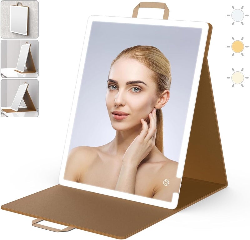 WEILY Portable Makeup Mirror with Lights, Touchable Three Colors Dimmable Lighted Makeup Mirror, 2000 mAh Type-C Rechargeable Vanity Mirror, Portable Hollywood Hanging Detachable Mirror (Khaki) - Image 1