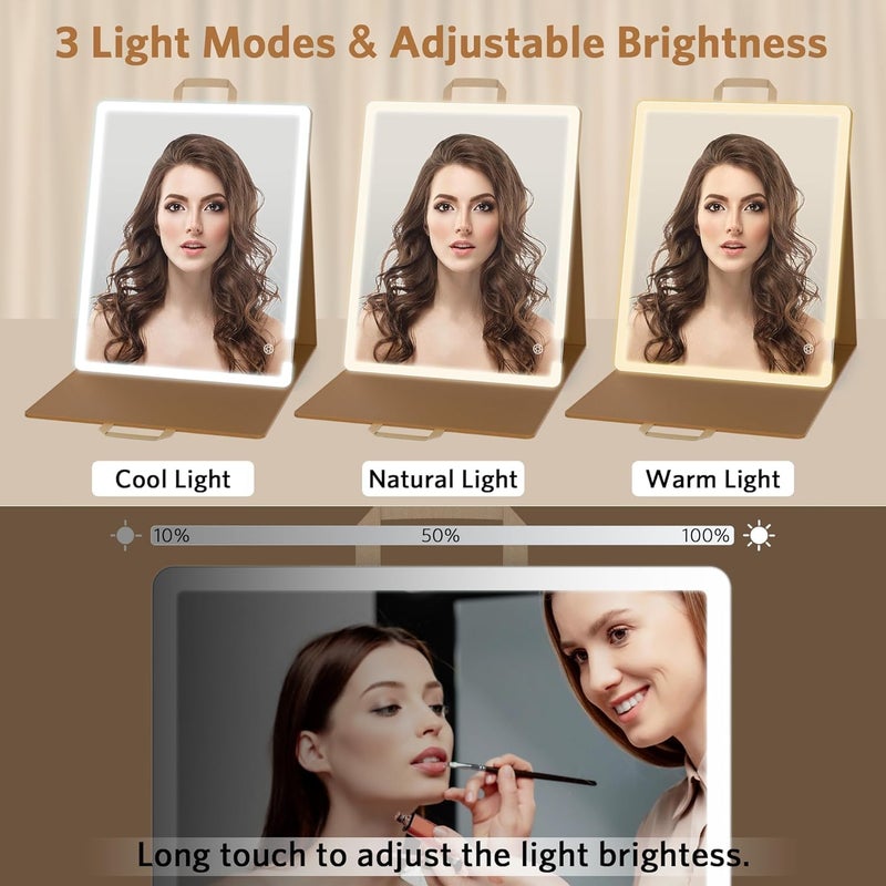 WEILY Portable Makeup Mirror with Lights, Touchable Three Colors Dimmable Lighted Makeup Mirror, 2000 mAh Type-C Rechargeable Vanity Mirror, Portable Hollywood Hanging Detachable Mirror (Khaki) - Image 5