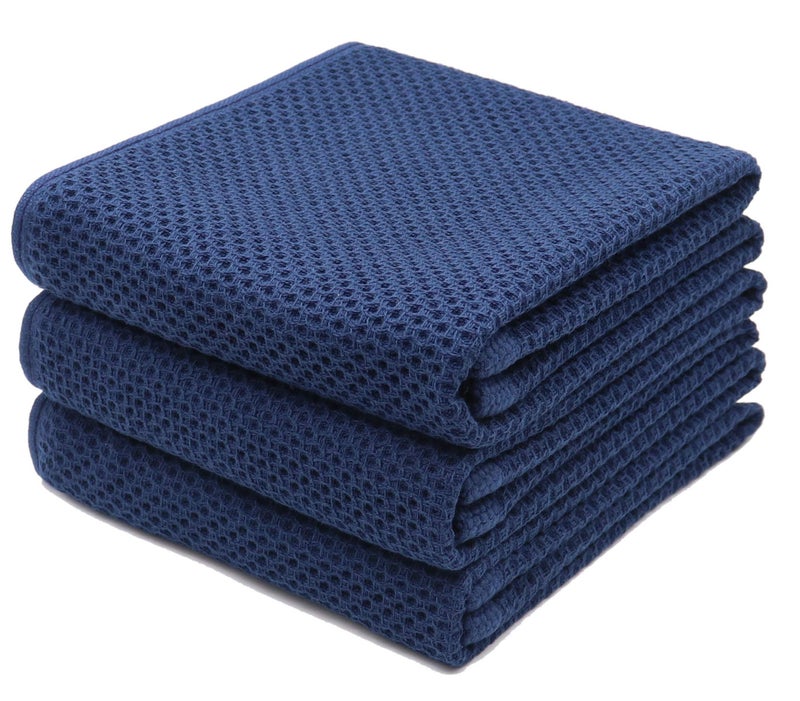 Mias Dream Cotton Face Waffle Weave Tea Towels Soft Absorbent Bath Guest Gym Towel Washcloths 13x28 3 Pack Navy Blue