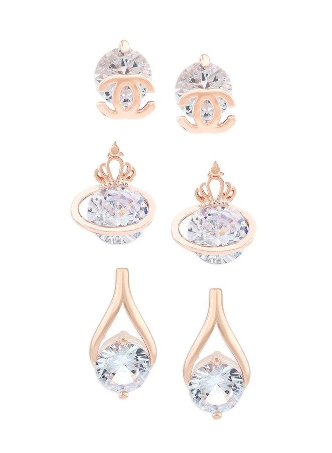Zaveri Pearls Set of 3 Rose Gold Contemporary Stud Earrings For Women-ZPFK12819 - Image 1