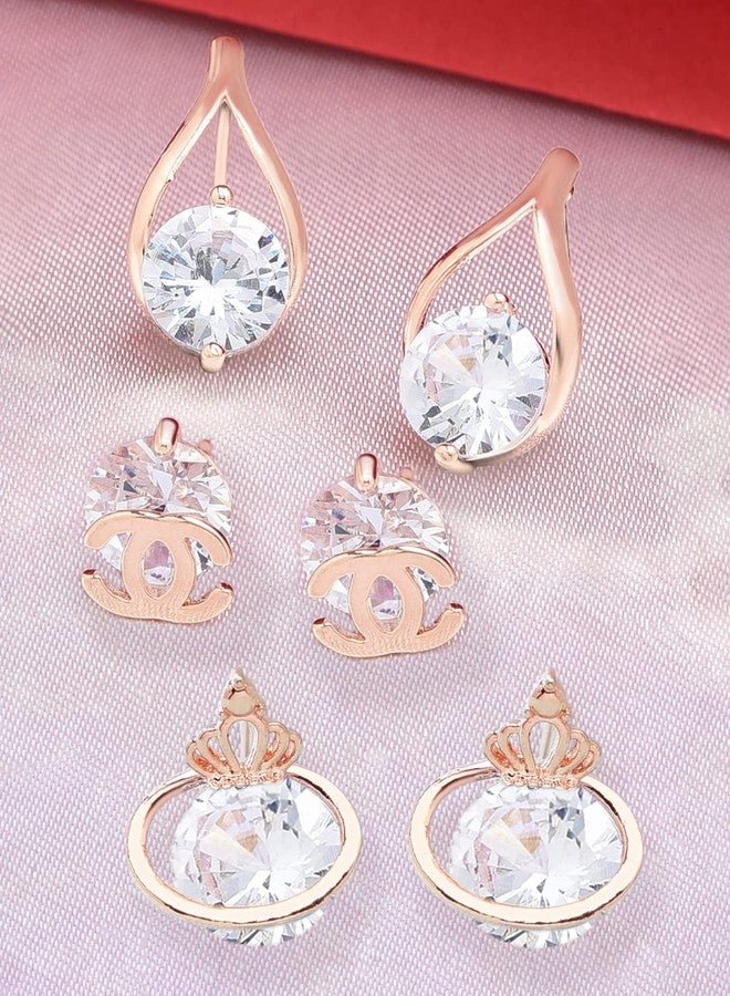 Zaveri Pearls Set of 3 Rose Gold Contemporary Stud Earrings For Women-ZPFK12819 - Image 2