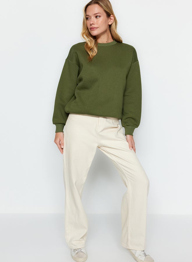 trendyol Khaki Thick Inside Fleece Regular/Normal Fit Crew Neck Basic Knitted Sweatshirt - Image 1