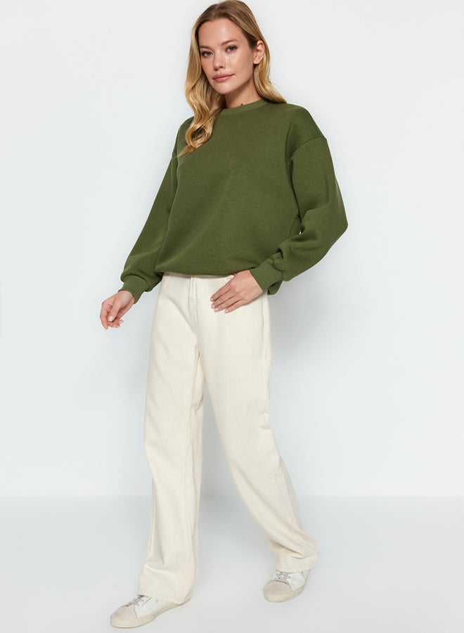 trendyol Khaki Thick Inside Fleece Regular/Normal Fit Crew Neck Basic Knitted Sweatshirt - Image 3