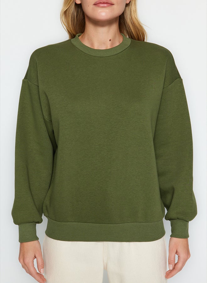 trendyol Khaki Thick Inside Fleece Regular/Normal Fit Crew Neck Basic Knitted Sweatshirt - Image 4