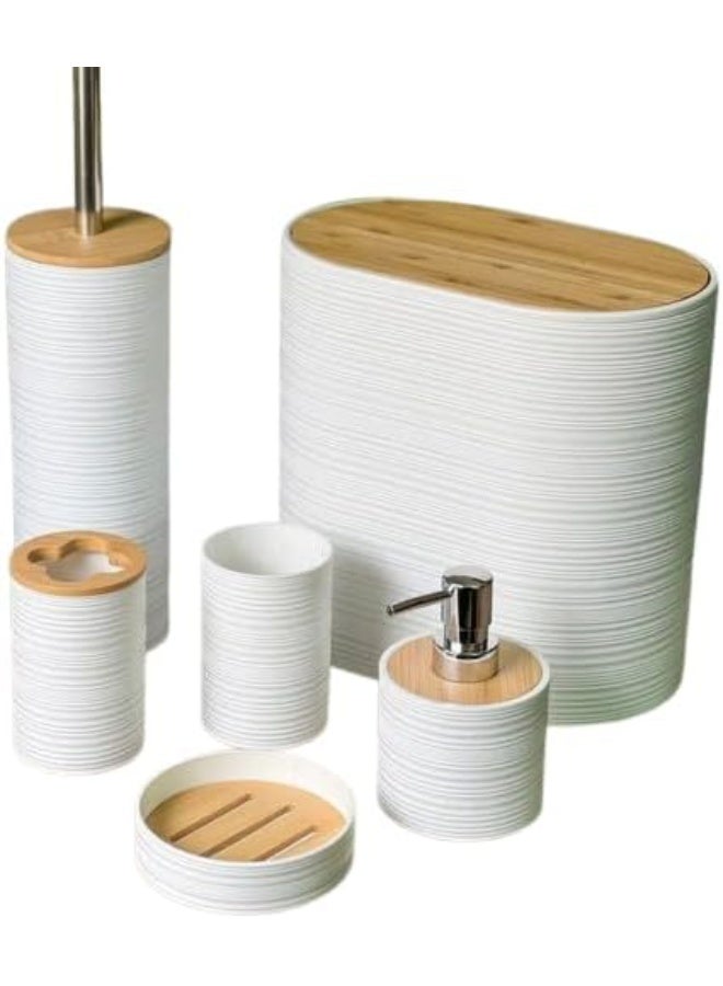 Complete oval bathroom accessory set, 6 pieces - Luxury bathroom organization set with wooden lid wastebasket - Soap dispenser and toilet brush holder with metal handle (l) (White) - Image 2