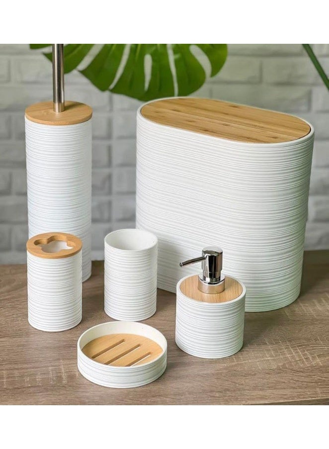 Complete oval bathroom accessory set, 6 pieces - Luxury bathroom organization set with wooden lid wastebasket - Soap dispenser and toilet brush holder with metal handle (l) (White) - Image 1