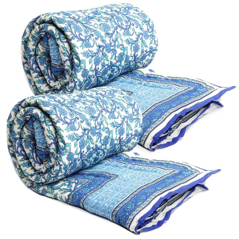 SVT SVT Traditional Famous Jaipuri Beautiful Floral Print in White Blue Jaipuri RajaiRazaiQuilt SingleSingle Bed QuiltComforterAC QuiltAC ComforterSet of 2  - Image 1