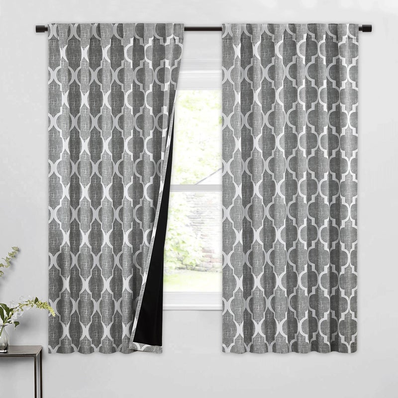 Beauoop 100 Blackout Curtains 63 Inches Long 2 Panels for Bedroom Living Room Grey Moroccan Geo Room Darkening Thermal Insulated Soundproof Rod Pocket Back Tab Window Treatments Drapes 50x63