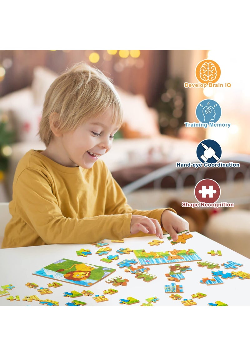 SOLARAE Wooden Jigsaw Puzzles Toy for Kids, Toddler Animal Puzzle 4 in 1 Metal Box, 4 Themes for Preschool Boy Girl 3 4 5 6 Years Old, Montessori Learning Educational Tool Gift for Christmas Birthday(Lion) - Image 2
