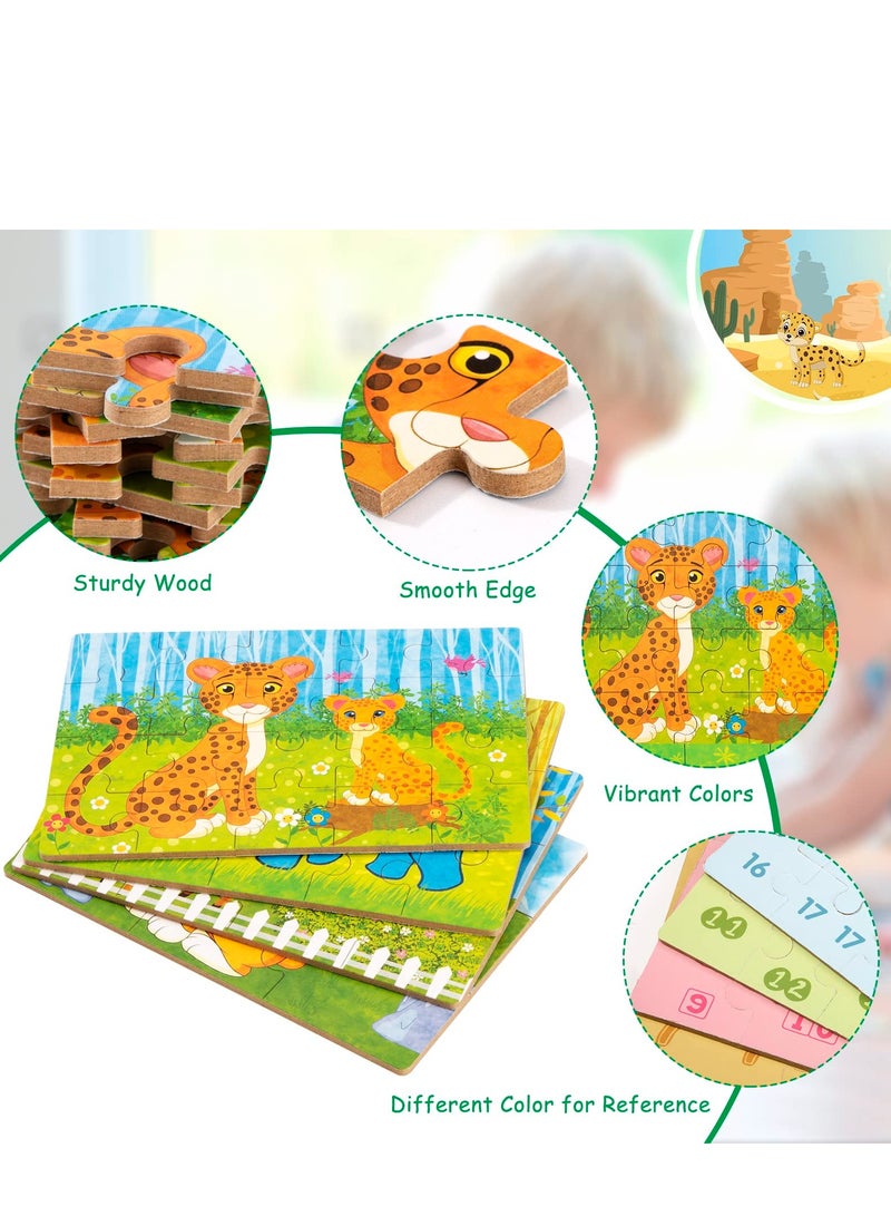 SOLARAE Wooden Jigsaw Puzzles Toy for Kids, Toddler Animal Puzzle 4 in 1 Metal Box, 4 Themes for Preschool Boy Girl 3 4 5 6 Years Old, Montessori Learning Educational Tool Gift for Christmas Birthday(Lion) - Image 4
