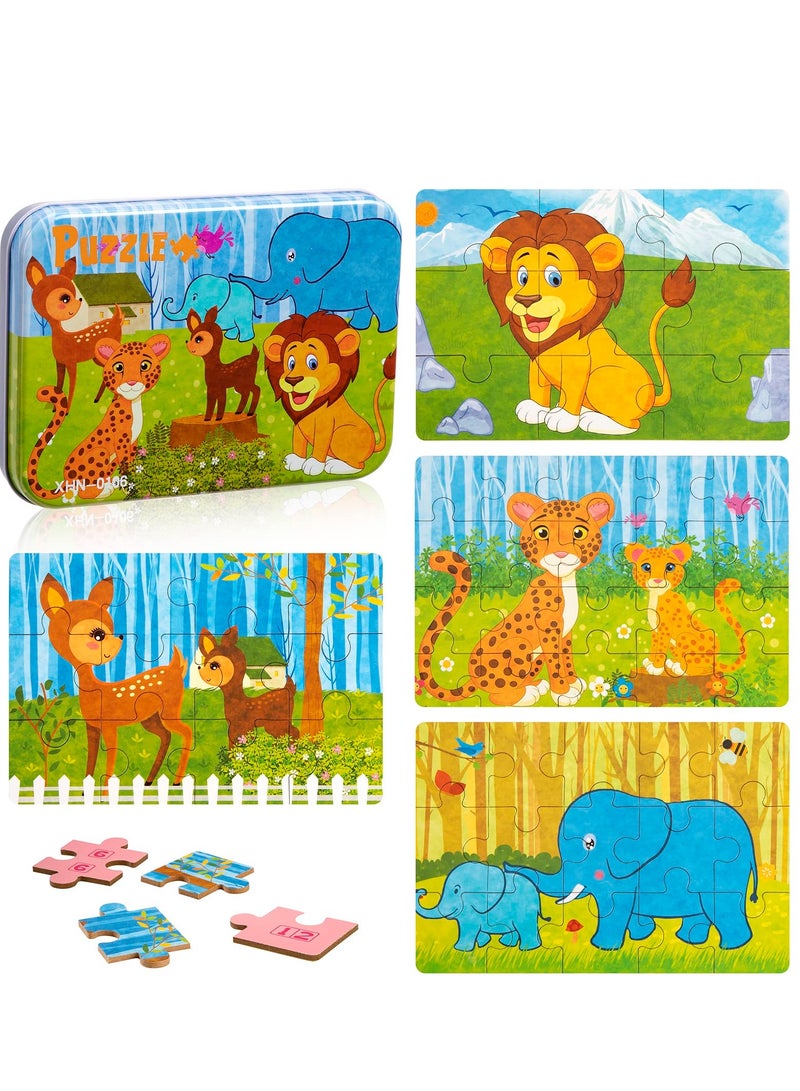 SOLARAE Wooden Jigsaw Puzzles Toy for Kids, Toddler Animal Puzzle 4 in 1 Metal Box, 4 Themes for Preschool Boy Girl 3 4 5 6 Years Old, Montessori Learning Educational Tool Gift for Christmas Birthday(Lion) - Image 1
