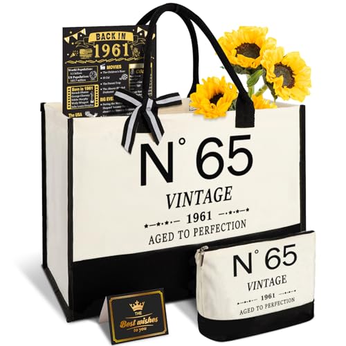 YeohJoy 65th Birthday Gifts for Women Canvas Tote Bag Travel Gear,Unique 65 Years Old Gifts for Wife Mom Sister Aunt Friends Her, Vintage N°65 Handbag & Cosmetic Bag & Back in 1961 Poster - Image 1