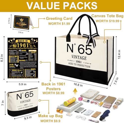 YeohJoy 65th Birthday Gifts for Women Canvas Tote Bag Travel Gear,Unique 65 Years Old Gifts for Wife Mom Sister Aunt Friends Her, Vintage N°65 Handbag & Cosmetic Bag & Back in 1961 Poster - Image 5