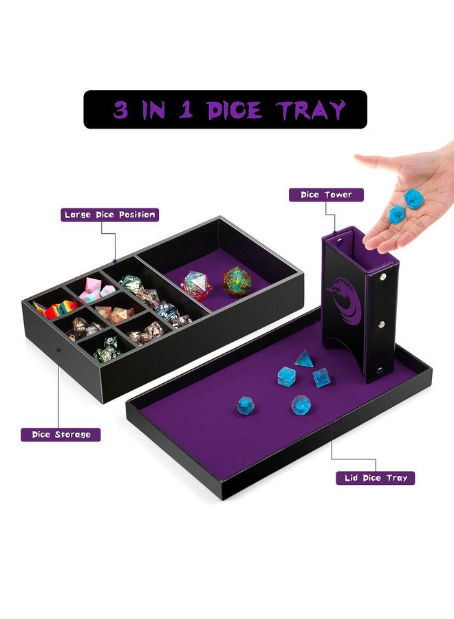 DNDND 3 in 1 Dice Rolling Tray Dice Tower and Dice Storage, Portable Rectangle Storage with Lid for Table Game Dungeons and Dragons D&D or Tabletop RGP Gaming (Purple Velvet and Black PU Leather) - Image 3
