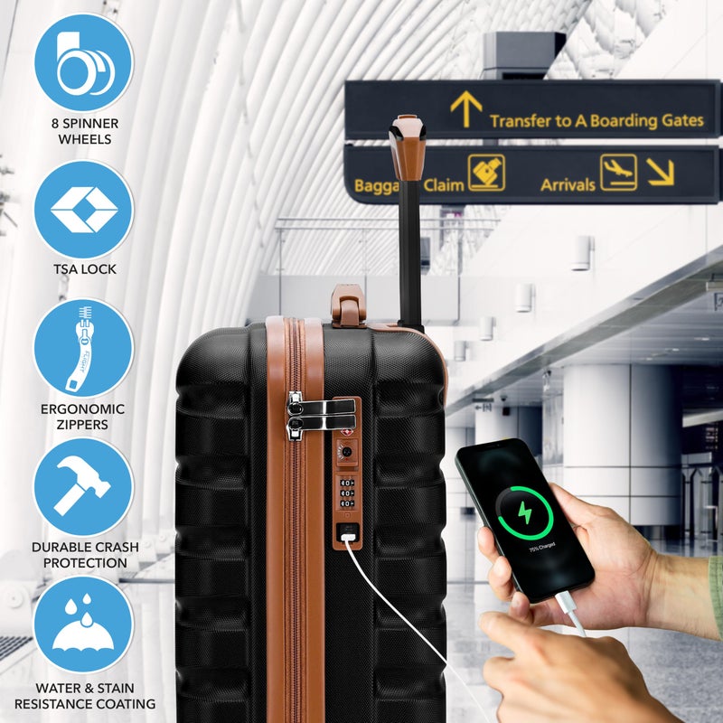 Flight Knight حقيبة سفر طيران نايت المحمولة 18x14x8 مع قفل TSA مدمج ومنفذ USB وخفيفة الوزن وعجلات مزدوجة صامتة وحقيبة أقصى حجم تحت المقعد معتمدة من أمريكان يونايتد باللون الأسود/البني - Image 5