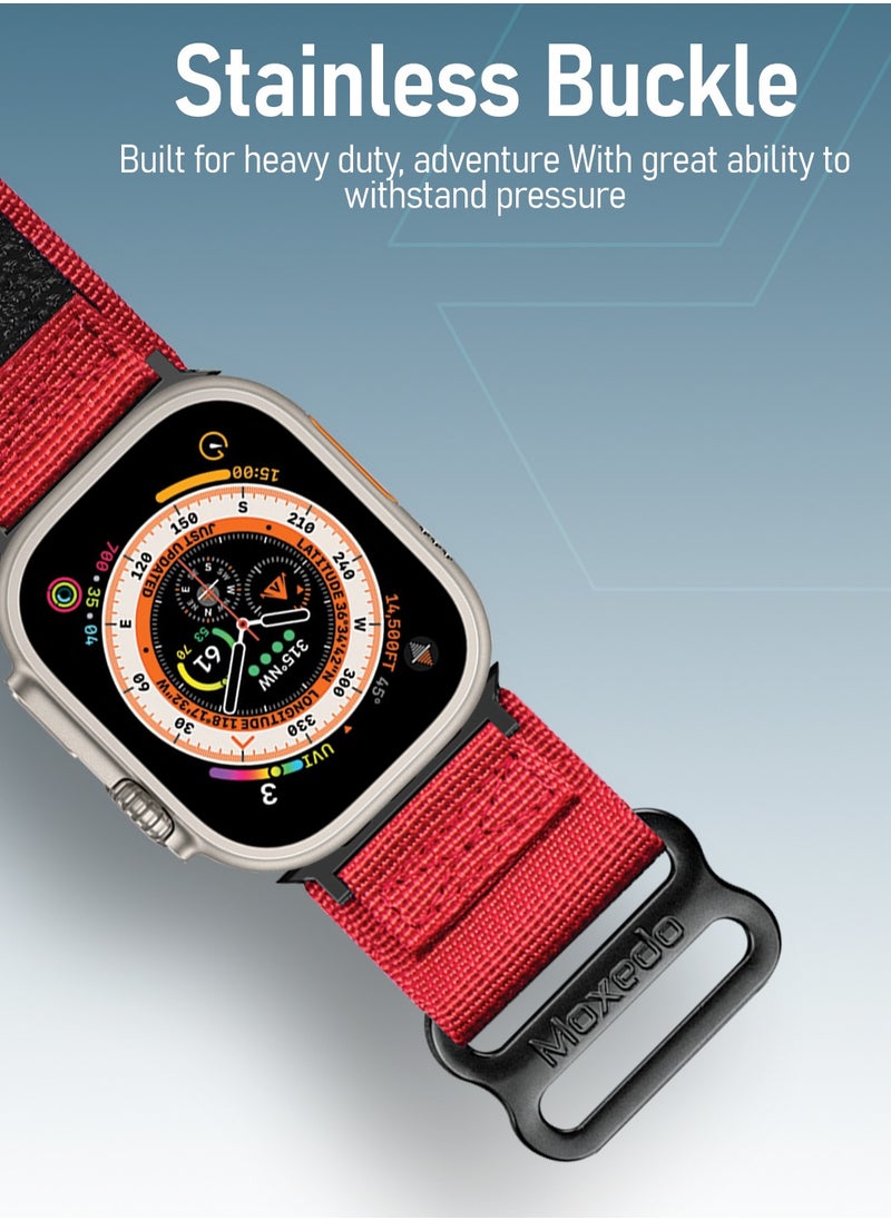 Moxedo - Moxedo MX23 Rugged Strap Breathable Nylon Braided Sports Band Compatible with Apple Watch Band Series 8/7/6/5/4/3/2/1/SE Ultra Woven Loop Design for 44mm/45mm/49mm UAE Edition - Red - Image 1