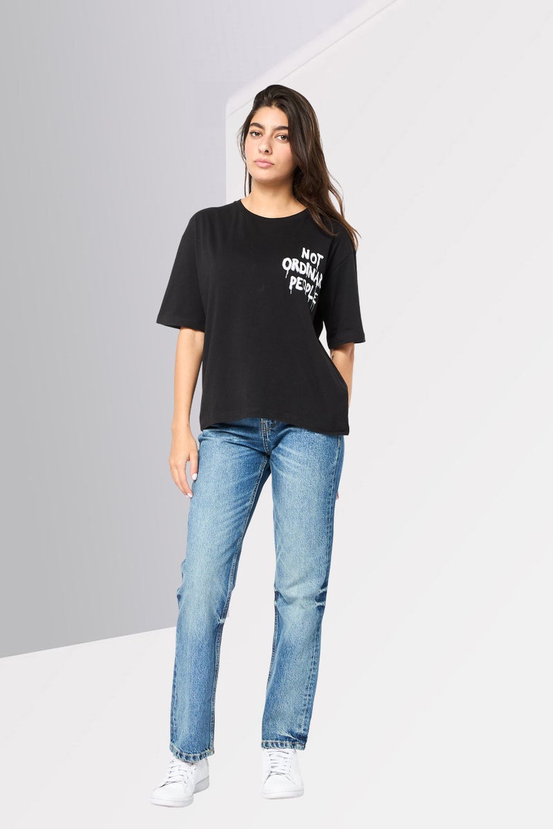 Replay تي شيرت نسائي بأكمام قصيرة وطوق دائري بطباعة جرافيك، أسود - Image 2