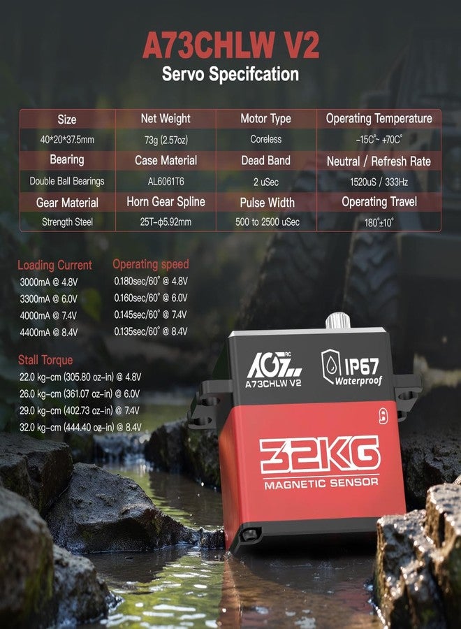 AGFRC 32KG IP67-Waterproof RC-Servo High-Torque - Full Metal Gear Coreless Steering Servo for 1/10 RC Car Boat Crawler, Control Angle 180° (A73CHLW V2) - Image 2