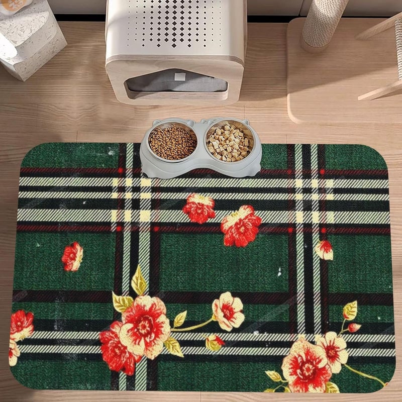 Absorbent Dog Water Cat Mat for Food Water Bowl Quick Dry Plaid Floral Print Textured Pet Feeding Mats No Stains Dog Food Mat Pet Accessories Supplies Cat Bowl Mats 24x16In - Image 3