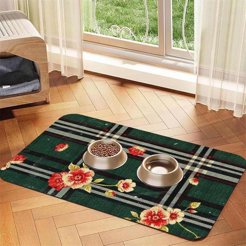 Absorbent Dog Water Cat Mat for Food Water Bowl Quick Dry Plaid Floral Print Textured Pet Feeding Mats No Stains Dog Food Mat Pet Accessories Supplies Cat Bowl Mats 24x16In - Image 1