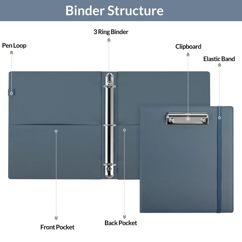 SKYDUE 3 Ring Binder with Clipboard 1 Inch, 13.2" Ã— 10.2" PU Clipboard Binder with Notepad & 5 Dividers with 5 Pockets, Labels, Clipboard Folder Great for School Office(Fit Letter Sized Paper) - Image 5