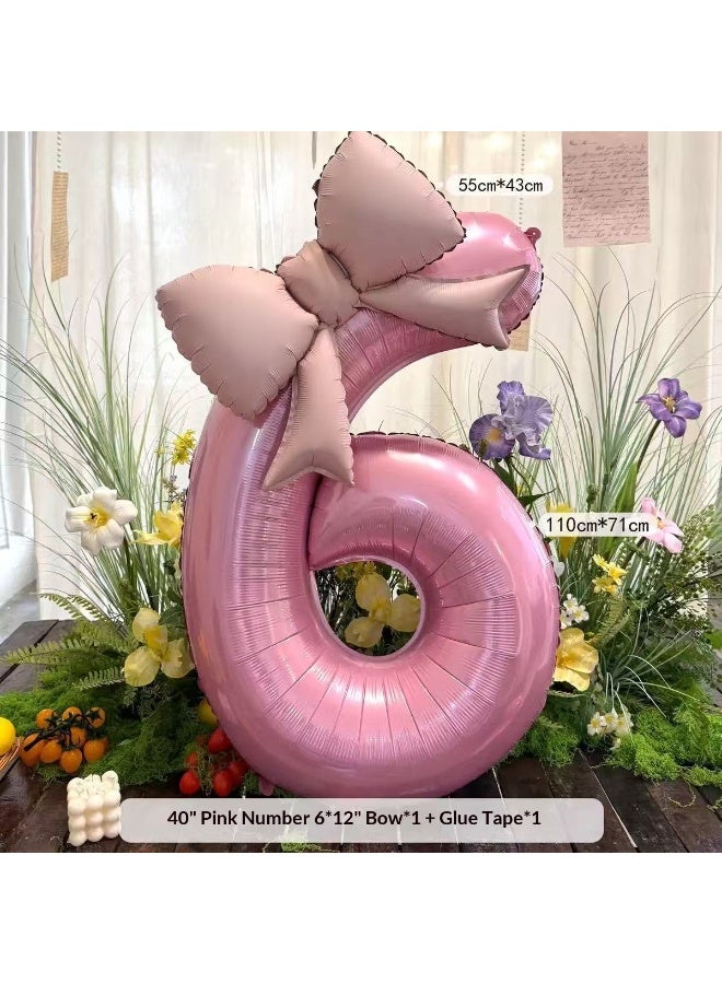 40-Inch Pink Number 6 Balloon with Bow – Baby Girl Birthday Party Decoration