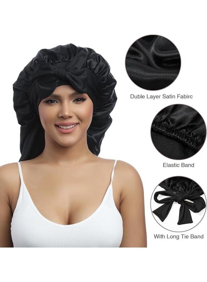 Long Satin Bonnet for Women - Double Layer Elastic Silk Bonnet for Braids Hair Sleeping Cap with Tie Band (Black) - Image 1