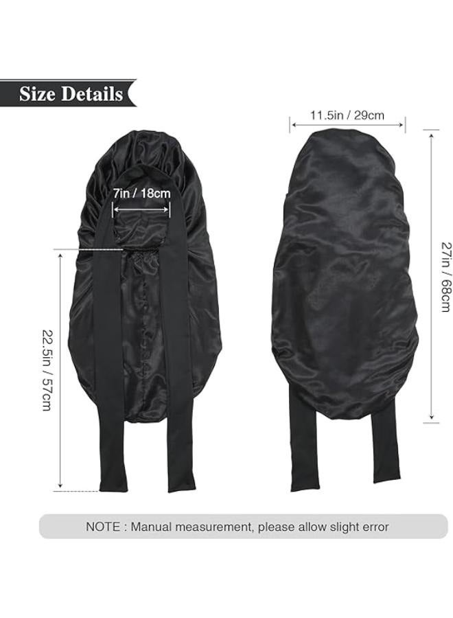 Long Satin Bonnet for Women - Double Layer Elastic Silk Bonnet for Braids Hair Sleeping Cap with Tie Band (Black) - Image 2