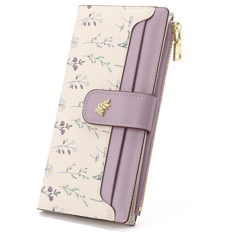 GAEKEAO Womens Wallet Slim Thin RFID Blocking Floral Vegan Leather Card Holder Bifold Long Ladies Wallet with Zipper Pocket - Image 1
