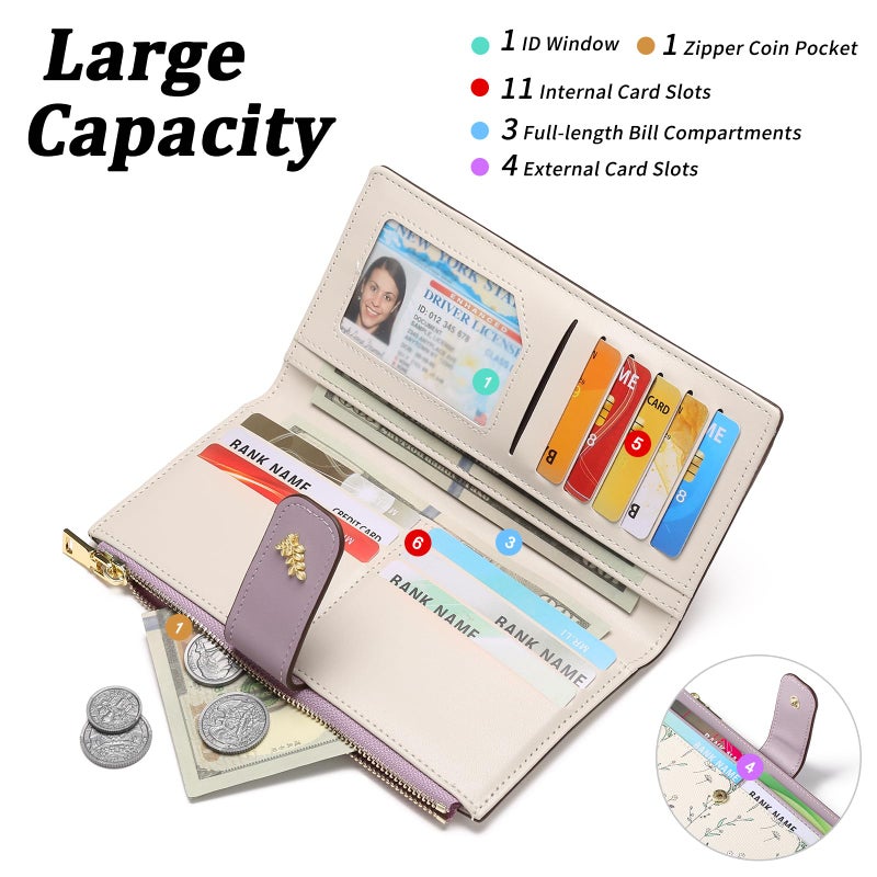 GAEKEAO Womens Wallet Slim Thin RFID Blocking Floral Vegan Leather Card Holder Bifold Long Ladies Wallet with Zipper Pocket - Image 2