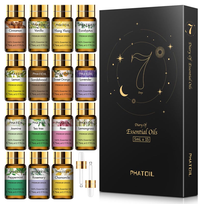 PHATOIL 15PCS Essential Oils Gift Set - Premium Quality 100% Natural Pure Essential Oils for Aromatherapy Diffuser Yoga Home Office Soap Candle Making- 5ml/Bottle - Image 1