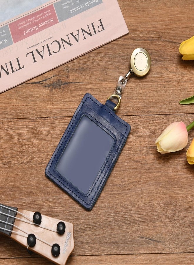 Wonderpool ID Badge Holder Genuine Leather Card Slots Case with Detachable Neck Lanyard and Retractable Badge Reel for Office School Hospital Exhibition ID & Driver Licence (Blue) - Image 2