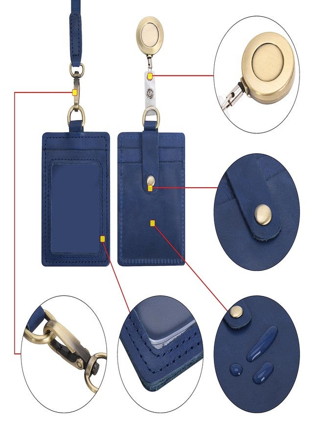 Wonderpool ID Badge Holder Genuine Leather Card Slots Case with Detachable Neck Lanyard and Retractable Badge Reel for Office School Hospital Exhibition ID & Driver Licence (Blue) - Image 4