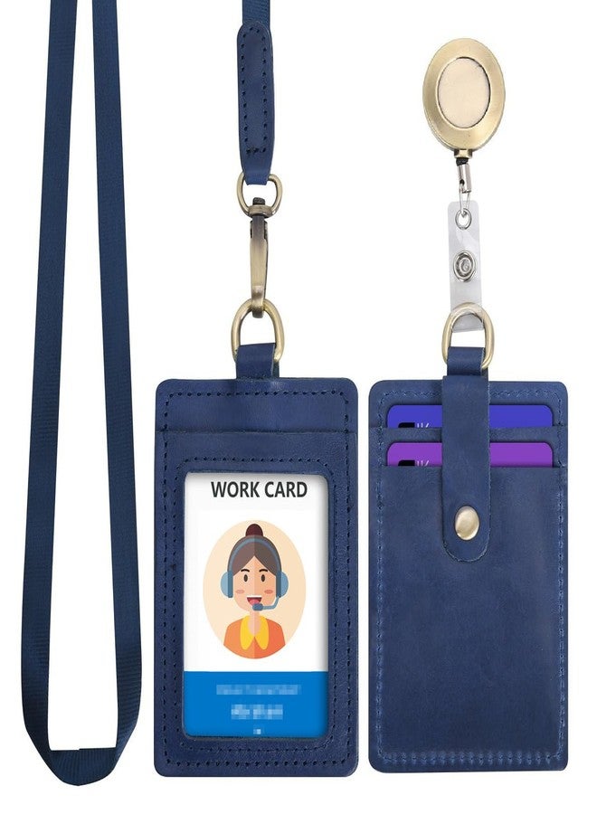 Wonderpool ID Badge Holder Genuine Leather Card Slots Case with Detachable Neck Lanyard and Retractable Badge Reel for Office School Hospital Exhibition ID & Driver Licence (Blue) - Image 1