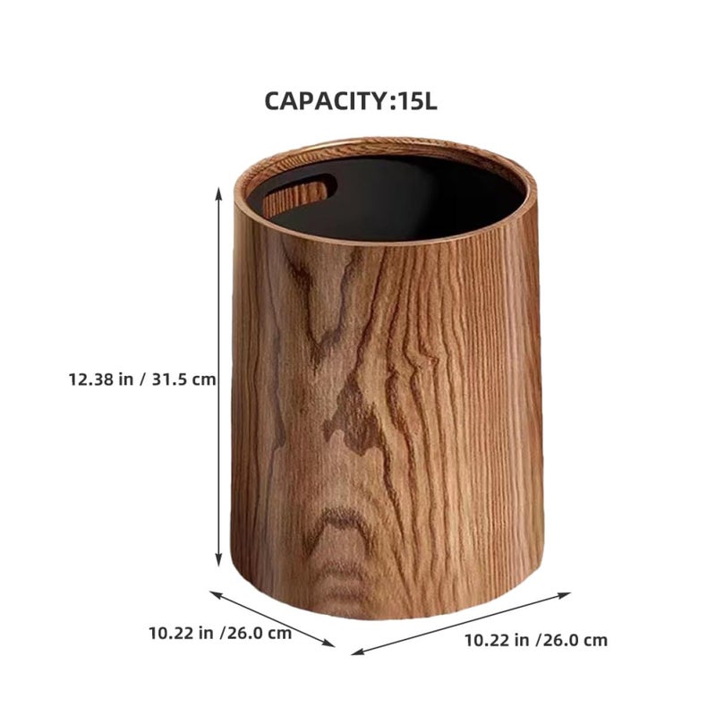 TOYANDONA Wood Grain Trash Can 15l Plastic Waste Bin Household Rubbish Container for Kitchen Bathroom Office Round Design - Image 2