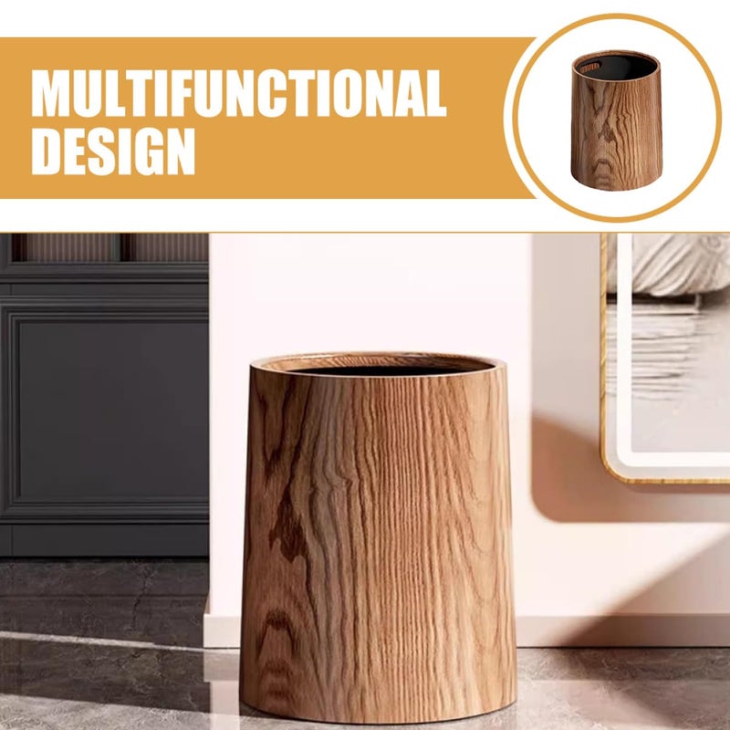TOYANDONA Wood Grain Trash Can 15l Plastic Waste Bin Household Rubbish Container for Kitchen Bathroom Office Round Design - Image 3
